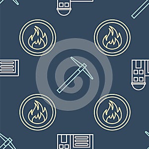 Set line Building of fire station, Fire flame and Pickaxe on seamless pattern. Vector