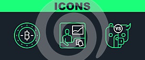 Set line Bull and bear of stock market, Bitcoin and Trading courses icon. Vector