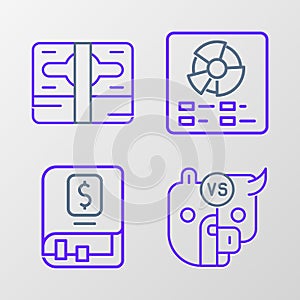 Set line Bull and bear of stock market, Financial book, Pie chart infographic and Stacks paper money cash icon. Vector