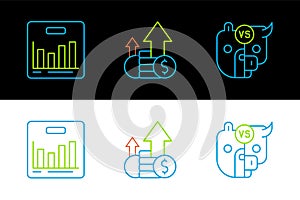 Set line Bull and bear of stock market, Pie chart infographic and Financial growth coin icon. Vector