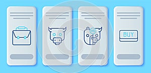 Set line Bull market, and bear of stock, Briefcase and Buy button icon. Vector