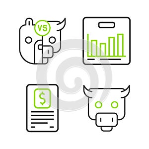 Set line Bull market, Business finance report, Pie chart infographic and and bear of stock icon. Vector