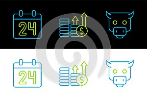 Set line Bull market, Calendar and Financial growth and dollar icon. Vector