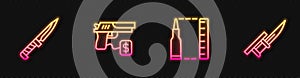 Set line Bullet, Military knife, Buying gun pistol and Bayonet on rifle. Glowing neon icon. Vector