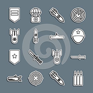 Set line Bullet, Military knife, helmet, Nuclear rocket, Biohazard bomb, Chevron and Submarine icon. Vector
