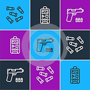 Set line Bullet, Pistol or gun and Dictaphone icon. Vector