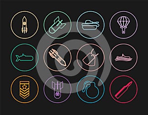 Set line Bullet, Submarine, Military tank, Nuclear rocket, dog tags and Aviation bomb icon. Vector