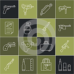 Set line Bullet, Tommy gun, Mauser, Trap hunting, Hand grenade, Firearms license certificate, and Revolver icon. Vector