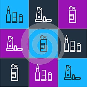 Set line Bullet, Weapons oil bottle and Gun magazine and bullets icon. Vector