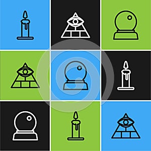 Set line Burning candle in candlestick, Magic ball and Masons icon. Vector