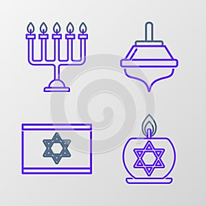 Set line Burning candle in candlestick with star of david, Flag Israel, Hanukkah dreidel and menorah icon. Vector