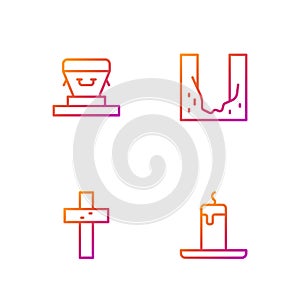 Set line Burning candle, Christian cross, Coffin and Cemetery digged grave hole. Gradient color icons. Vector