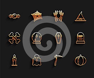 Set line Burning candle, Ghost, Candy, Scythe, Pumpkin, Magic ball, Tombstone with RIP and Coffin christian cross icon