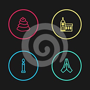 Set line Burning candle, Hands praying position, Church building and Stack hot stones icon. Vector