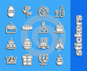 Set line Burning candle, Hands praying position, Easter cake, Christian cross heart, Bread loaf, Broken egg and Priest