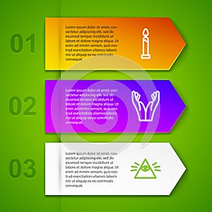 Set line Burning candle, Hands praying position, Masons and Decree, paper, parchment, scroll. Business infographic