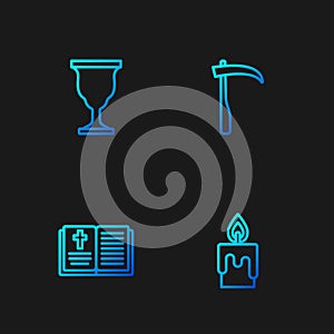 Set line Burning candle, Holy bible book, Christian chalice and Scythe. Gradient color icons. Vector