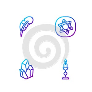 Set line Burning candle, Magic stone, Feather pen and Tarot cards. Gradient color icons. Vector