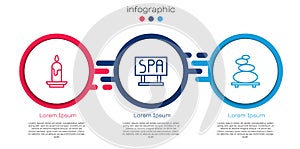 Set line Burning candle, Spa salon signboard and Stack hot stones. Business infographic template. Vector