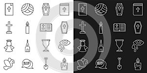 Set line Burning candle, Tear cry eye, Coffin with cross, Grave, Holy bible book and icon. Vector