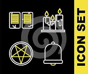 Set line Burning candles, Church bell, Pentagram circle and The commandments icon. Vector