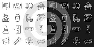 Set line Burning car, Fire sprinkler, Telephone call 911, Forest, bucket, Firefighter, hose reel and boots icon. Vector