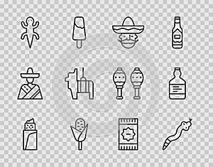 Set line Burrito, Snake, Mexican man sombrero, Corn, Lizard, Pinata, carpet and Tequila bottle icon. Vector