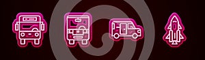 Set line Bus, , Minibus and Rocket ship with fire. Glowing neon icon. Vector