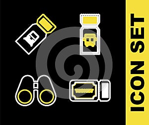 Set line Bus ticket, Ticket, Binoculars and Train icon. Vector