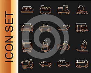 Set line Bus, Windsurfing, Rv Camping trailer, Scooter, Pickup truck, Car, Taxi car roof and Rafting boat icon. Vector