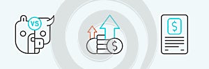 Set line Business finance report, Bull and bear of stock market and Financial growth coin icon. Vector