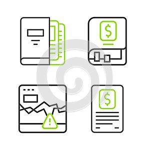 Set line Business finance report, Failure stocks market, Financial book and Office folders icon. Vector