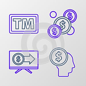 Set line Business man planning mind, Monitor with dollar, Coin money and Trademark icon. Vector