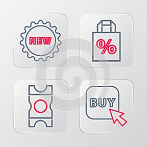 Set line Buy button, Coupon, Shoping bag with percent discount and Price tag text New icon. Vector