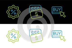 Set line Buy button, Discount percent tag and New price dollar icon. Vector