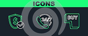 Set line Buy button, Shield with dollar and Telephone 24 hours support icon. Vector