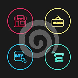 Set line Buy button, Shopping cart, Hanging sign with Closed and building or market store icon. Vector