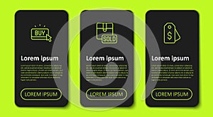 Set line Buy button, Sold and Price tag with dollar. Business infographic template. Vector