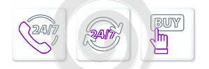 Set line Buy button, Telephone 24 hours support and Clock icon. Vector