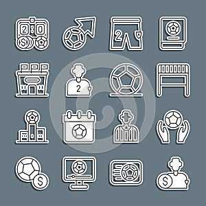 Set line Buy football player, Soccer, Football goal, Shorts for playing, soccer, stadium, betting money and icon. Vector