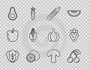 Set line Cabbage, Cherry, Fresh cucumber, Kiwi fruit, Avocado, Corn, Mushroom and Strawberry icon. Vector