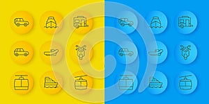 Set line Cable car, Car, Rafting boat, Scooter, Off road, Rv Camping trailer and Cruise ship icon. Vector