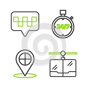 Set line Cable car, Map pointer with taxi, Stopwatch 24 hours and icon. Vector