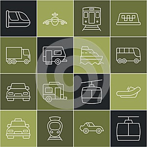 Set line Cable car, Rafting boat, Bus, Train and railway, Rv Camping trailer, Delivery cargo truck, and Cruise ship icon