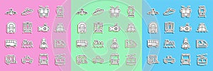 Set line Cable car, Train and railway, Cruise ship, Trolleybus, Rafting boat, Plane and Submarine icon. Vector