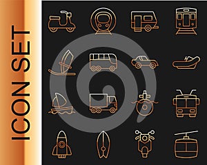 Set line Cable car, Trolleybus, Rafting boat, Rv Camping trailer, Bus, Windsurfing, Scooter and Car icon. Vector