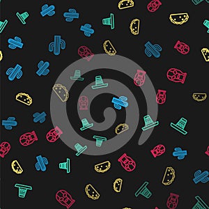 Set line Cactus, Mexican sombrero, Taco with tortilla and wrestler on seamless pattern. Vector