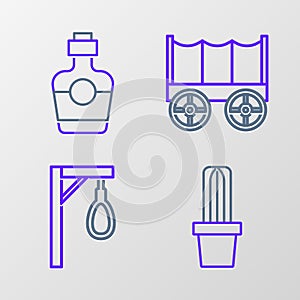 Set line Cactus peyote in pot, Gallows, Wild west covered wagon and Tequila bottle icon. Vector