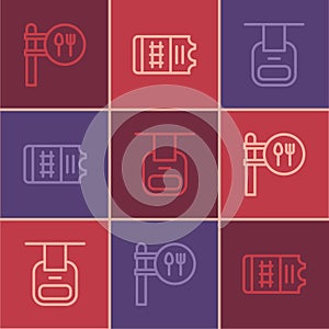 Set line Cafe and restaurant location, Cable car and Train ticket icon. Vector