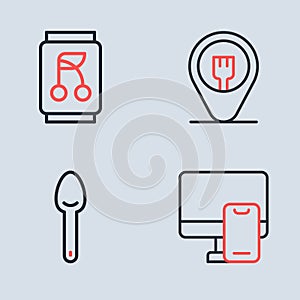 Set line Cafe and restaurant location, Spoon, Online ordering food and Soda can icon. Vector